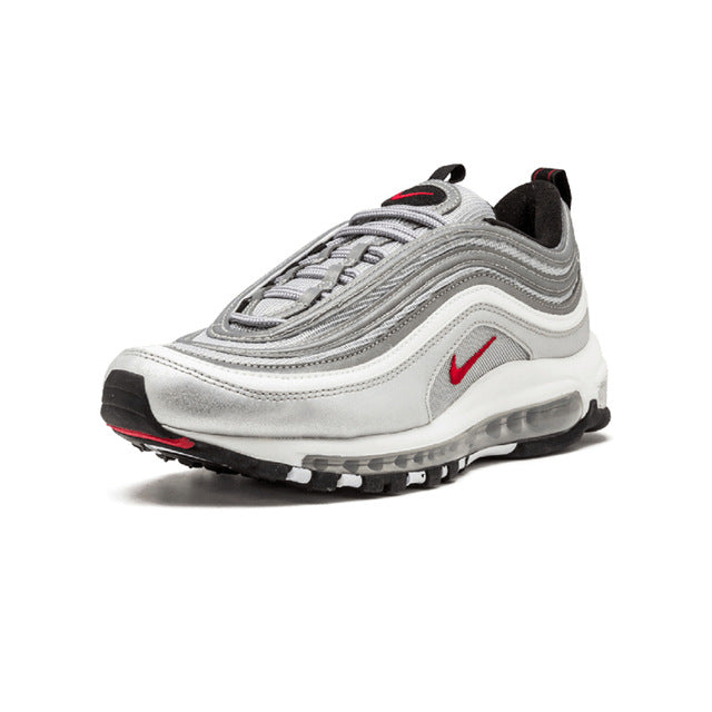 Air Max 97 running shoes in light gray with red swoosh and black outsole