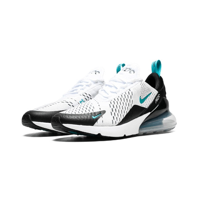 White Nike Air Max 270 running shoes with black details, turquoise heel accents, Air sole
