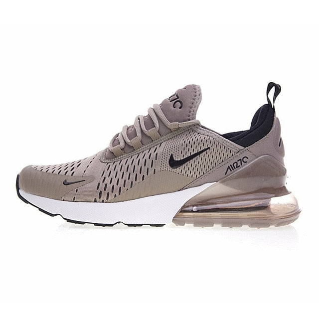 Taupe Nike Air Max 270 running shoes with perforated upper, navy swoosh, visible Air unit