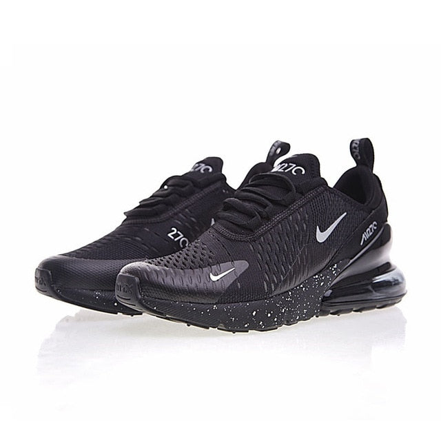 Black Nike Air Max 270 running shoes with speckled detailing and blue Air heel capsule