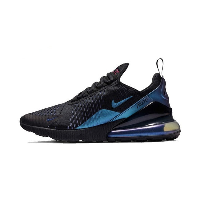 Black Nike Air Max 270 running shoes with teal stripe and blue-tinted Air sole
