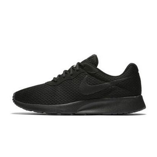 Black mesh lace-up running shoe with tonal Swoosh and cushioned sole.