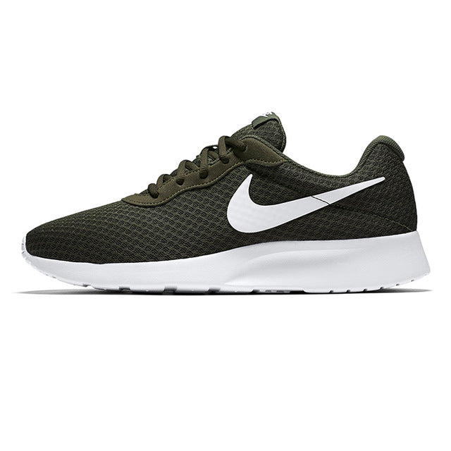 Olive green mesh lace-up running shoe with white Swoosh and cushioned sole.