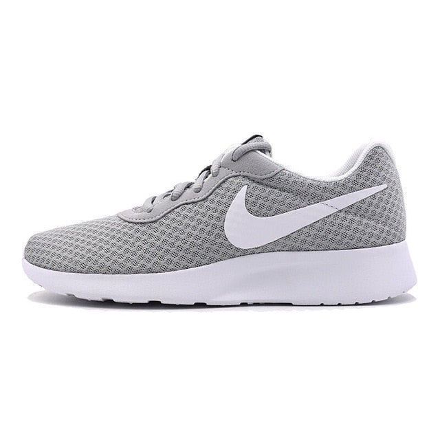Gray mesh lace-up running shoe with white Swoosh and cushioned sole.