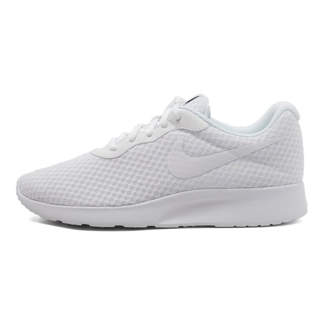 Light gray mesh lace-up running shoe with white Swoosh and cushioned sole.