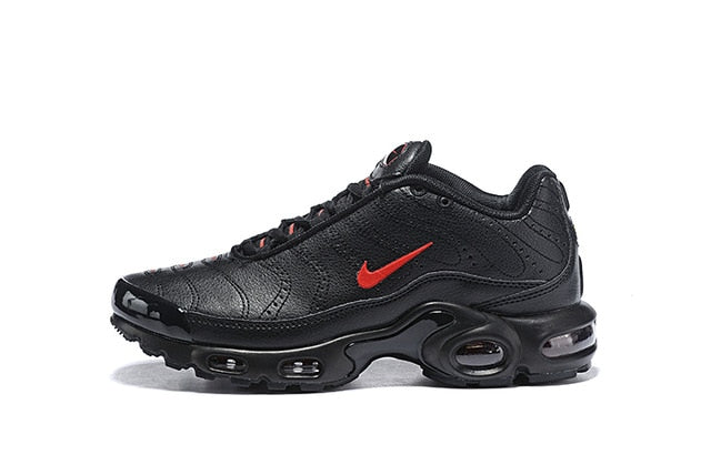 Black Air Max breathable running shoe with red Nike swoosh and Air sole pods