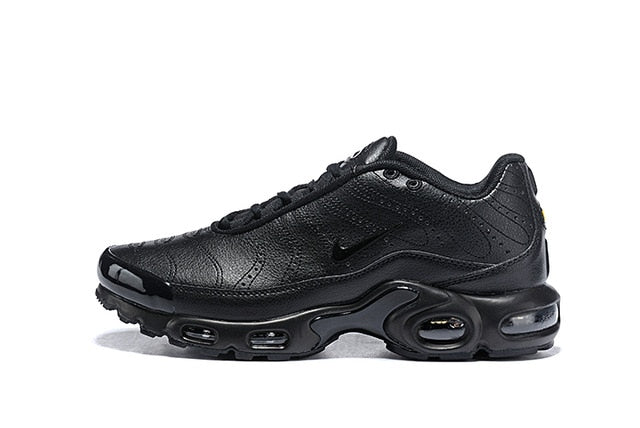Black Air Max breathable running shoe with dark Nike logo and Air sole pods