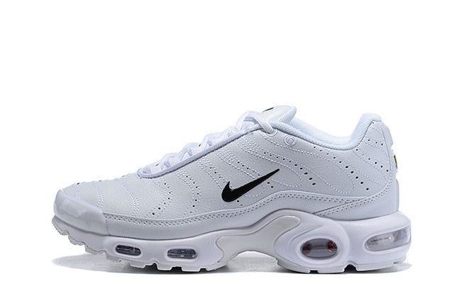 White Air Max breathable running shoe with black Nike swoosh and Air sole pods