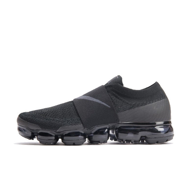 Black knit slip-on running shoes with side panel and translucent Air cushioning sole