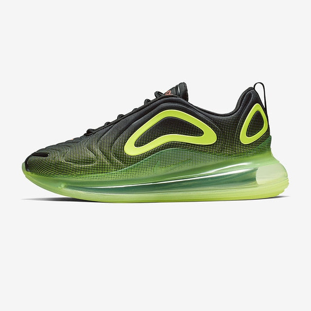 Nike Air Max 720 shoes with neon green upper, black overlays, and clear air unit