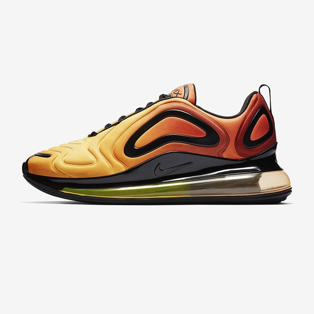 Nike Air Max 720 shoes with yellow-orange upper, black overlays, and clear air sole