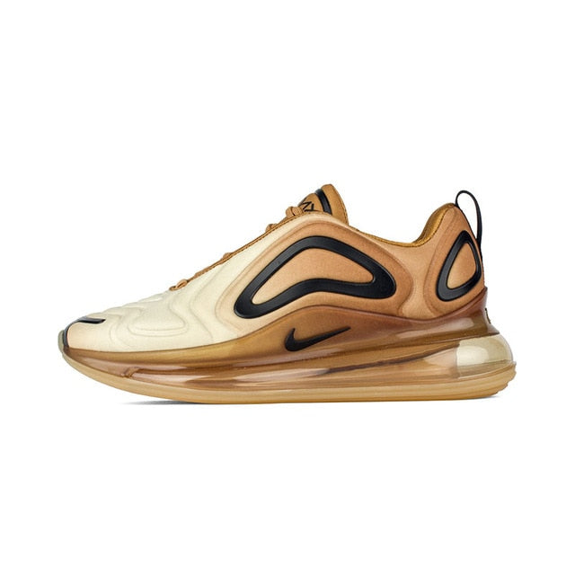 Nike Air Max 720 shoes in light tan with brown panels, black logos, and air sole