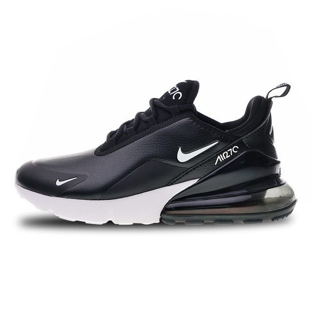 Nike Air Max 270 running shoes, black upper with white midsole and visible Air unit