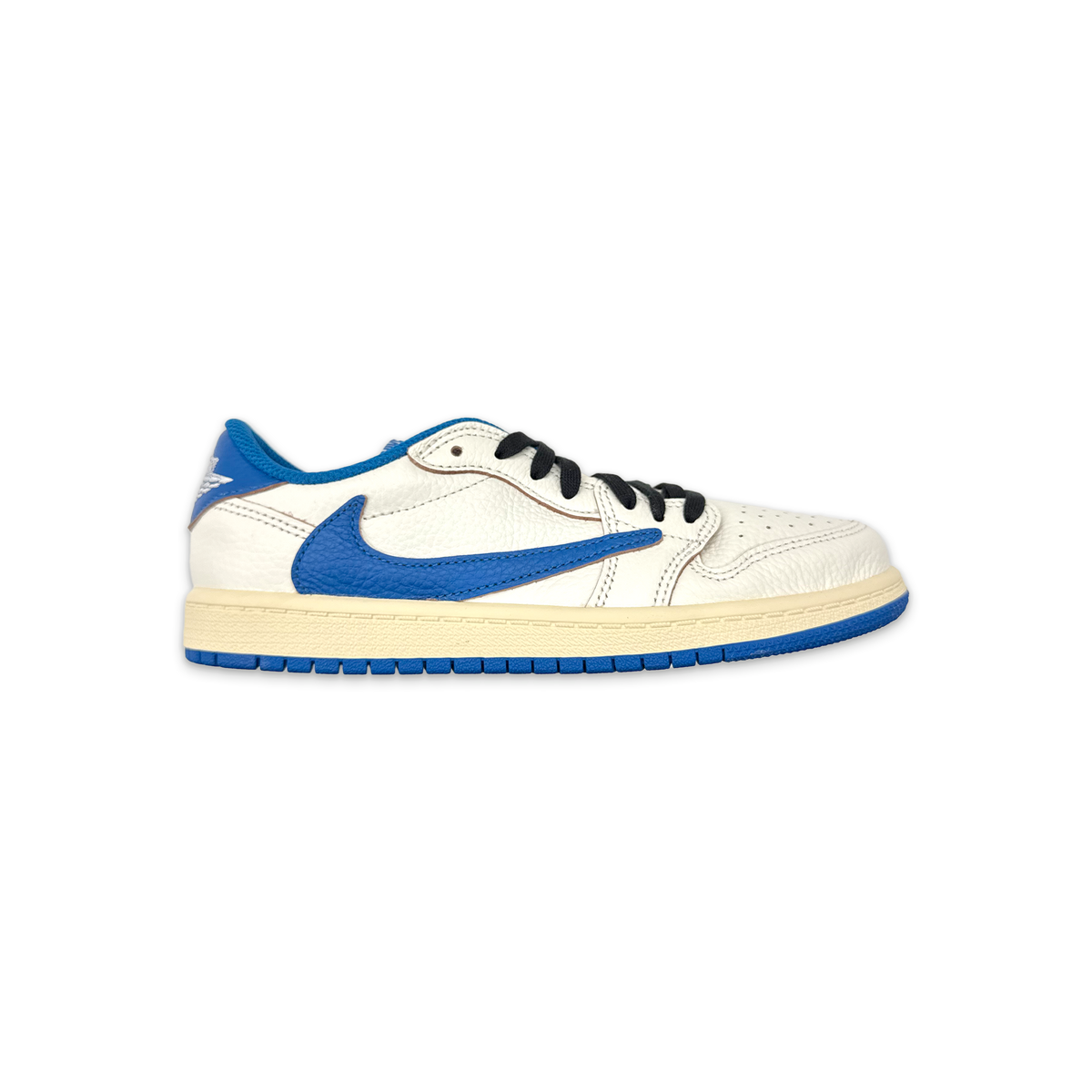 Air Jordan 1 Low retro sneaker, white leather with blue swoosh and blue outsole