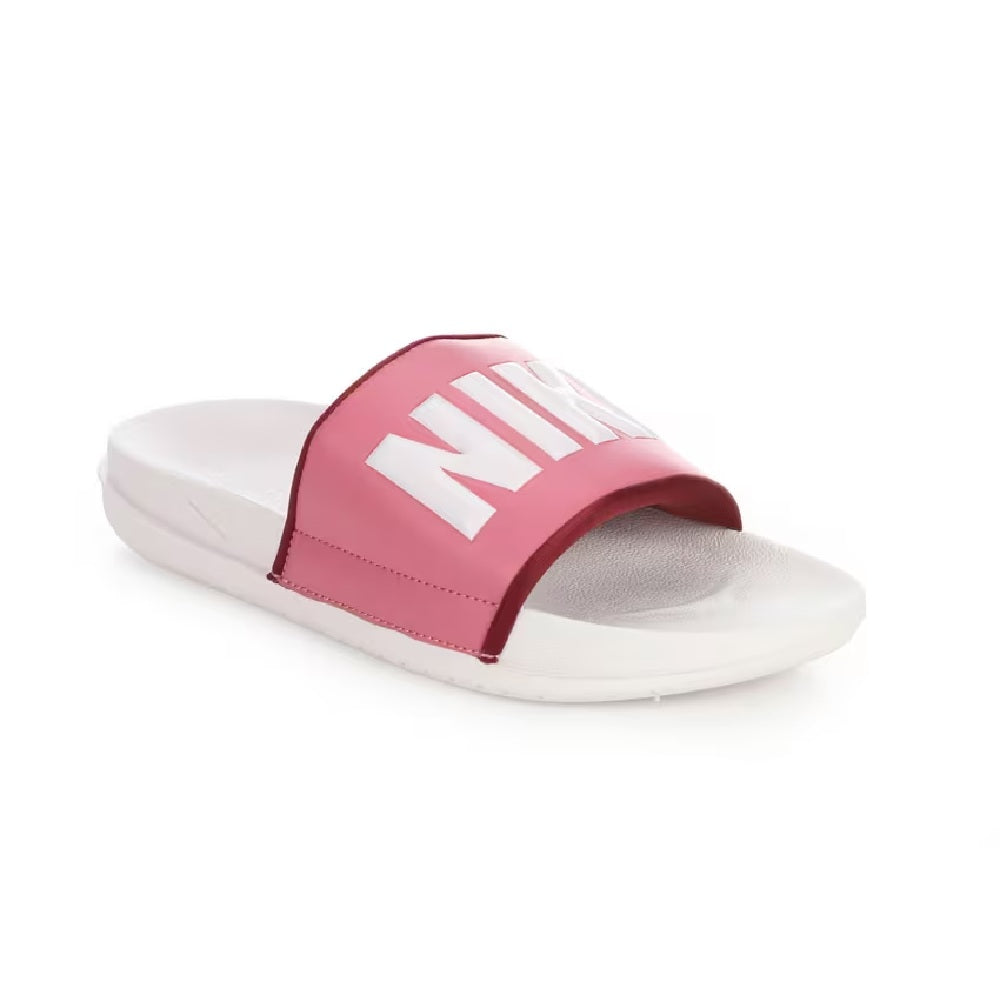 Nike Offcourt slide in pink and white with NIKE logo on the strap
