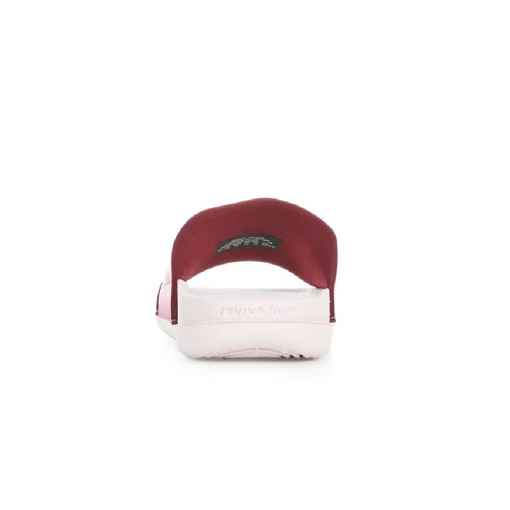 Heel view of Nike Offcourt slide with burgundy-pink back and cushioned sole