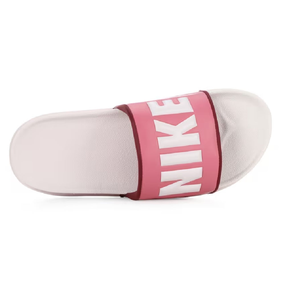 Nike Offcourt slide with pink strap over white footbed and NIKE logo