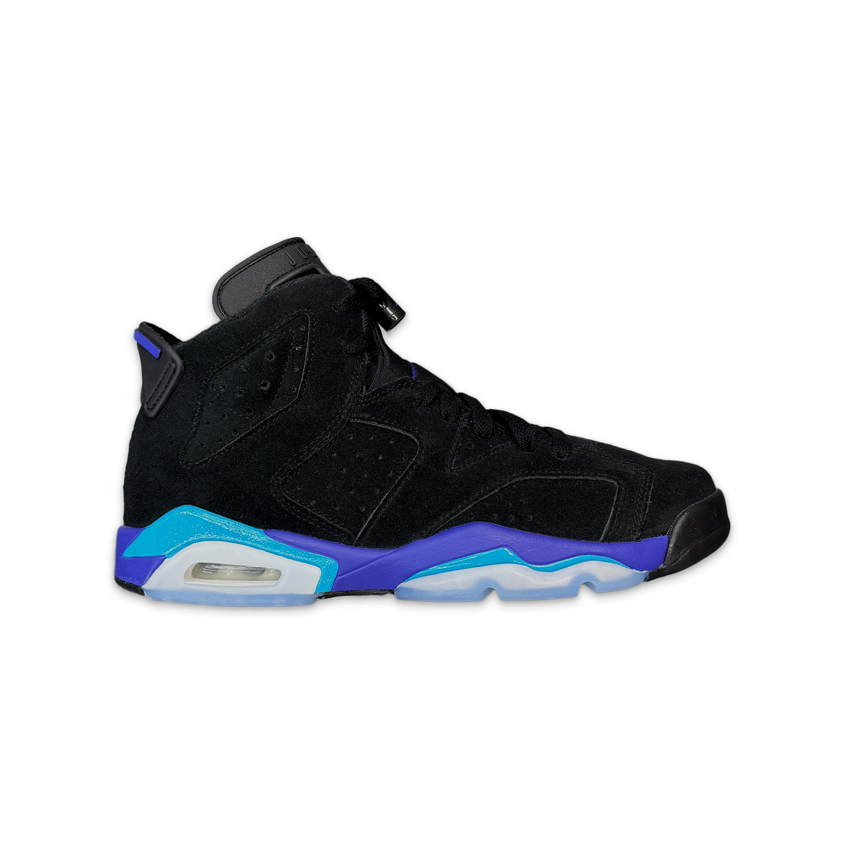 Kids Air Jordan 6 Retro high-top sneaker, black with aqua and purple accents