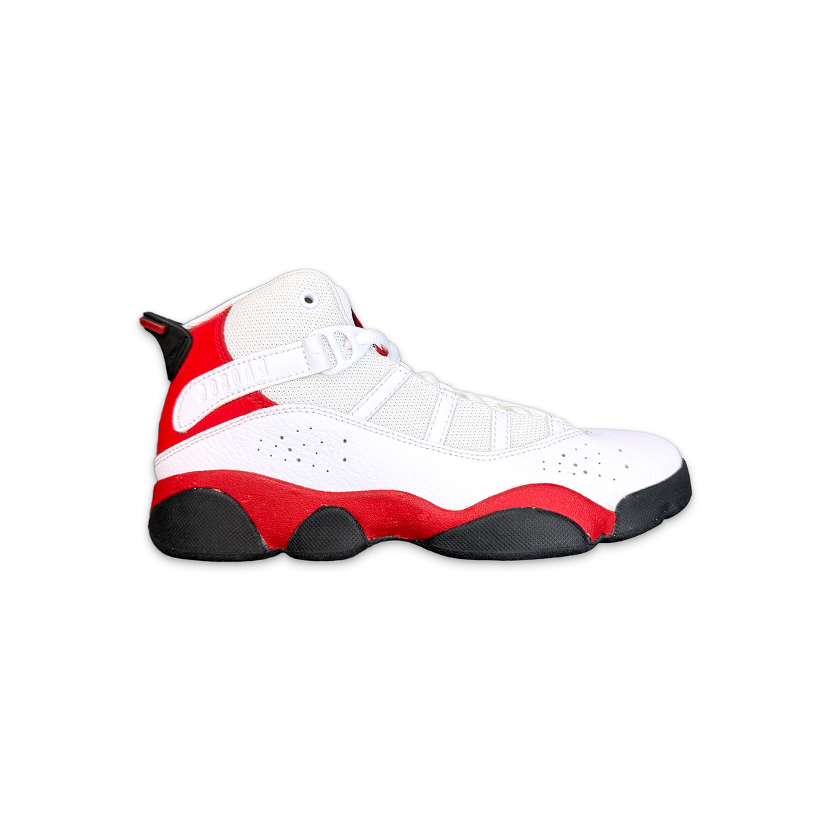 Air Jordan 6 Rings kids' white high-top sneaker with red and black accents, lace-up