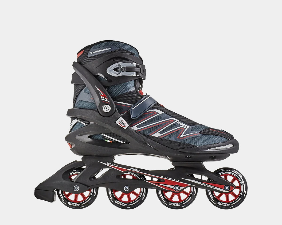 ZYX inline skates, black with red accents, four red wheels and lace-up boot.
