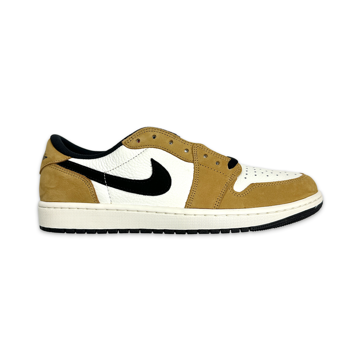 Air Jordan 1 Low OG low-top sneakers in tan, white, with black Swoosh