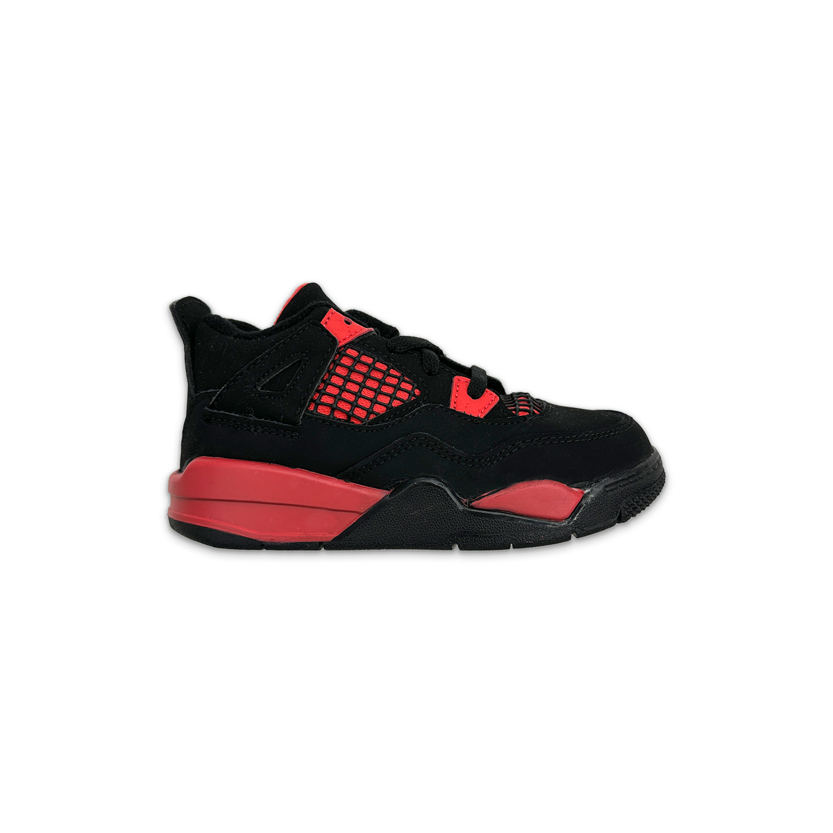 Air Jordan 4 Retro TD toddler sneaker, black with red mesh and accents, lace-up.