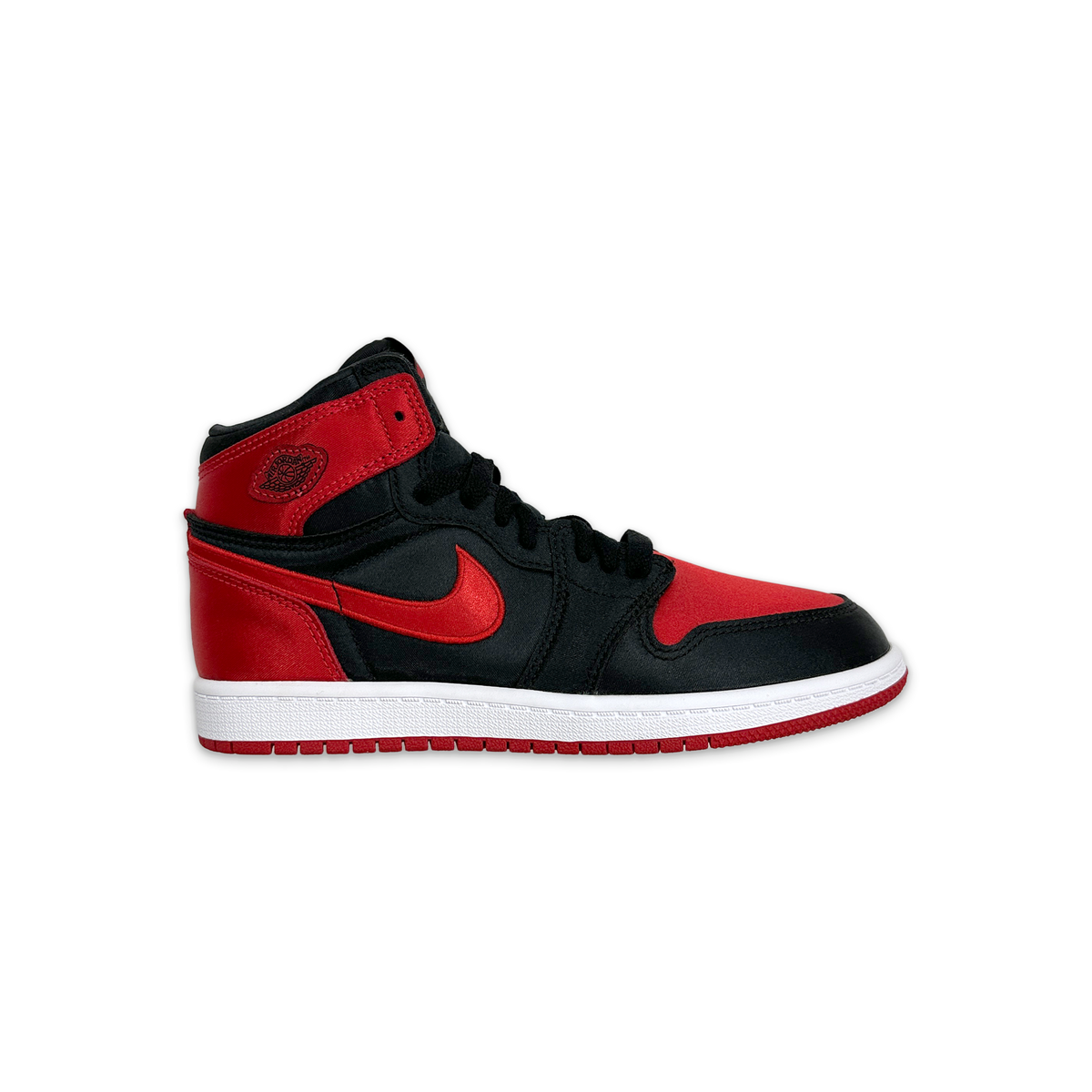 Kids' high-top sneakers, black and red leather with red swoosh and white sole
