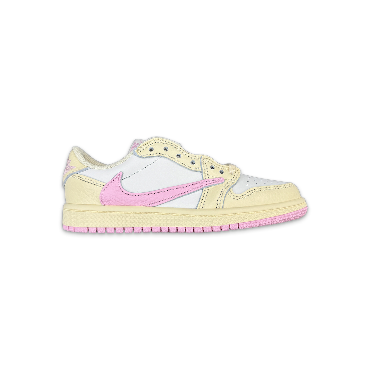 Kids Air Jordan 1 Low Retro sneakers, cream leather with pink Swoosh and laces