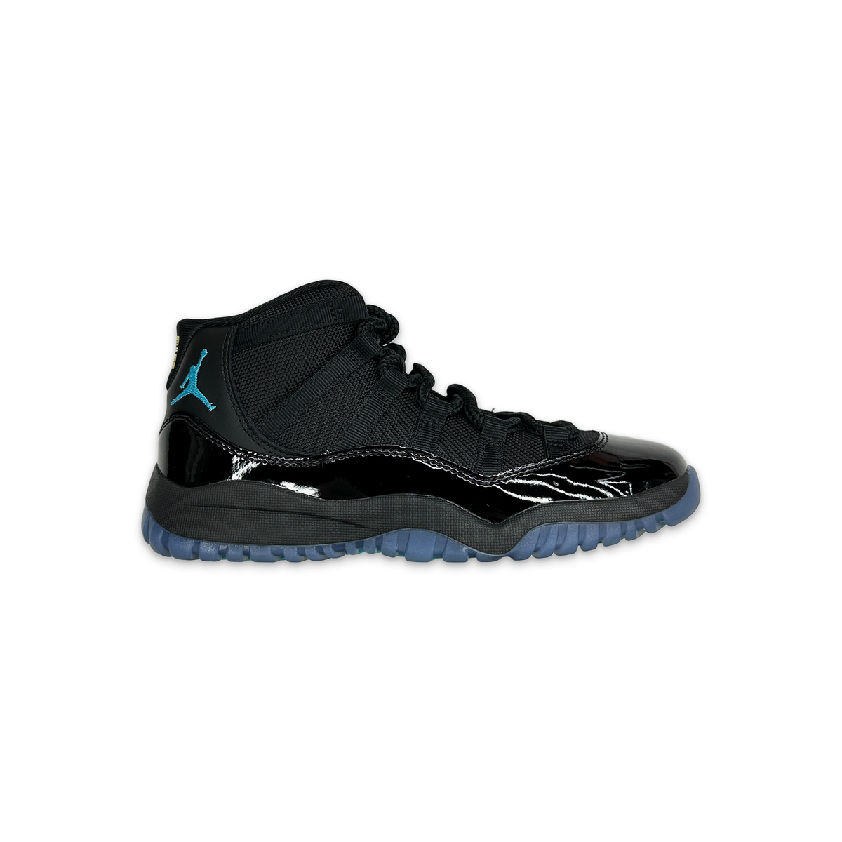 Kids high-top sneaker, black with glossy panels, blue accents and rubber outsole