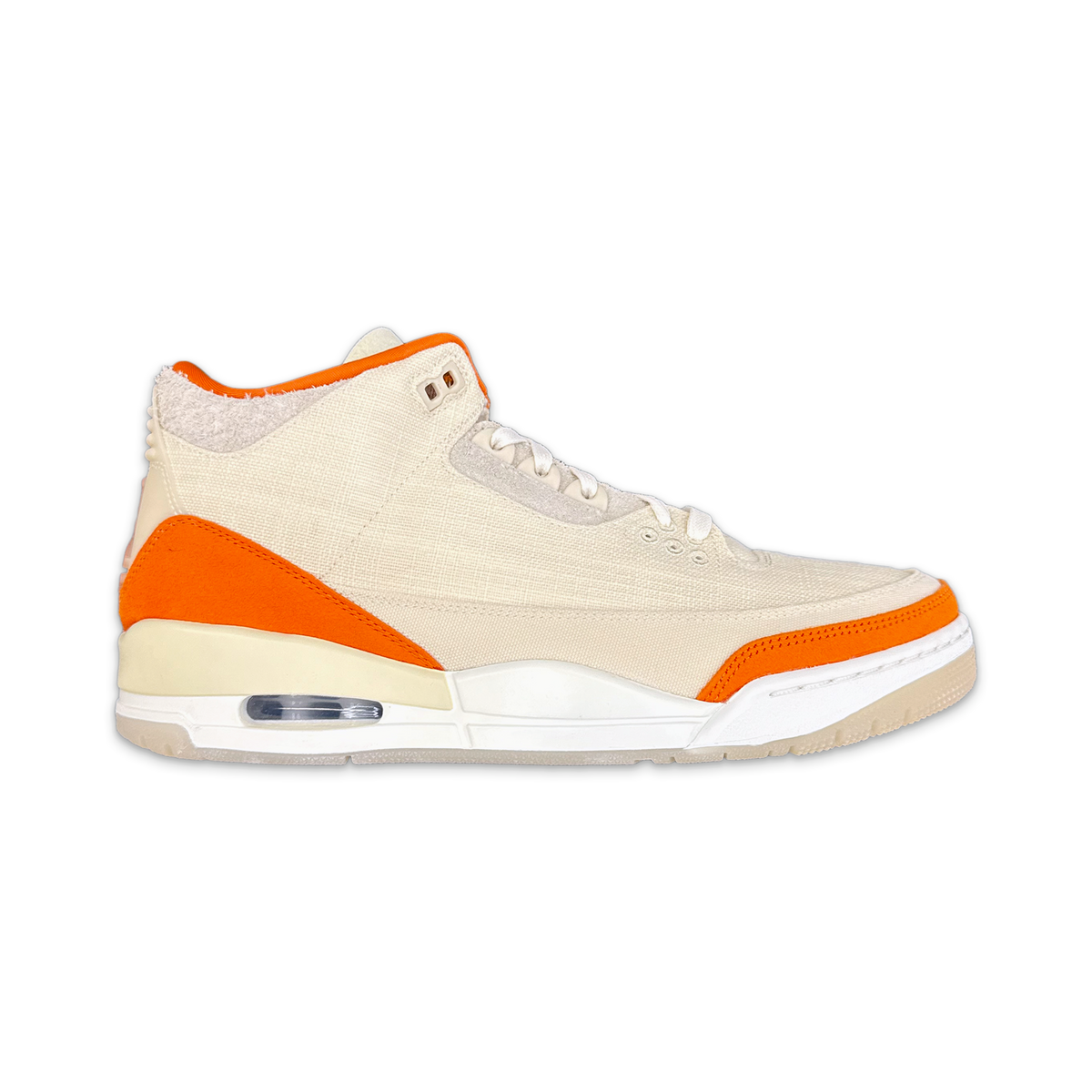 Women's Air Jordan 3 Retro sneaker in cream with orange side panels and visible Air unit