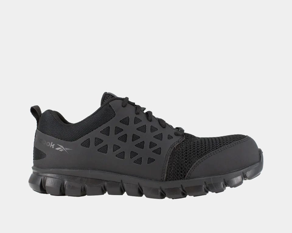 Black athletic sneaker with perforated panel design and padded collar