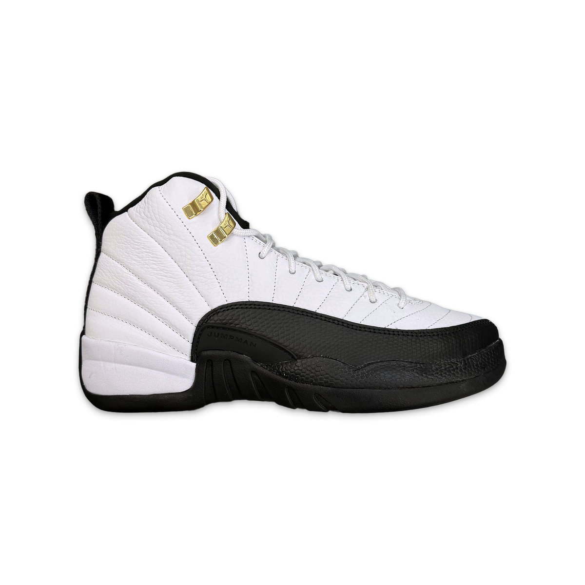 Kids Air Jordan 12 Retro high-top sneaker in white with black and gold accents