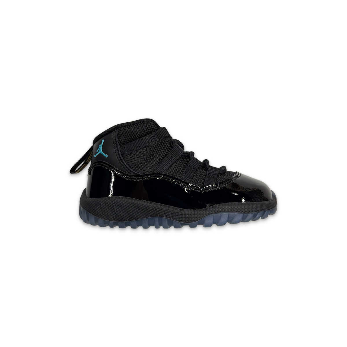 Toddler Air Jordan 11 Retro TD sneaker, black with blue accents, mesh upper, Velcro strap