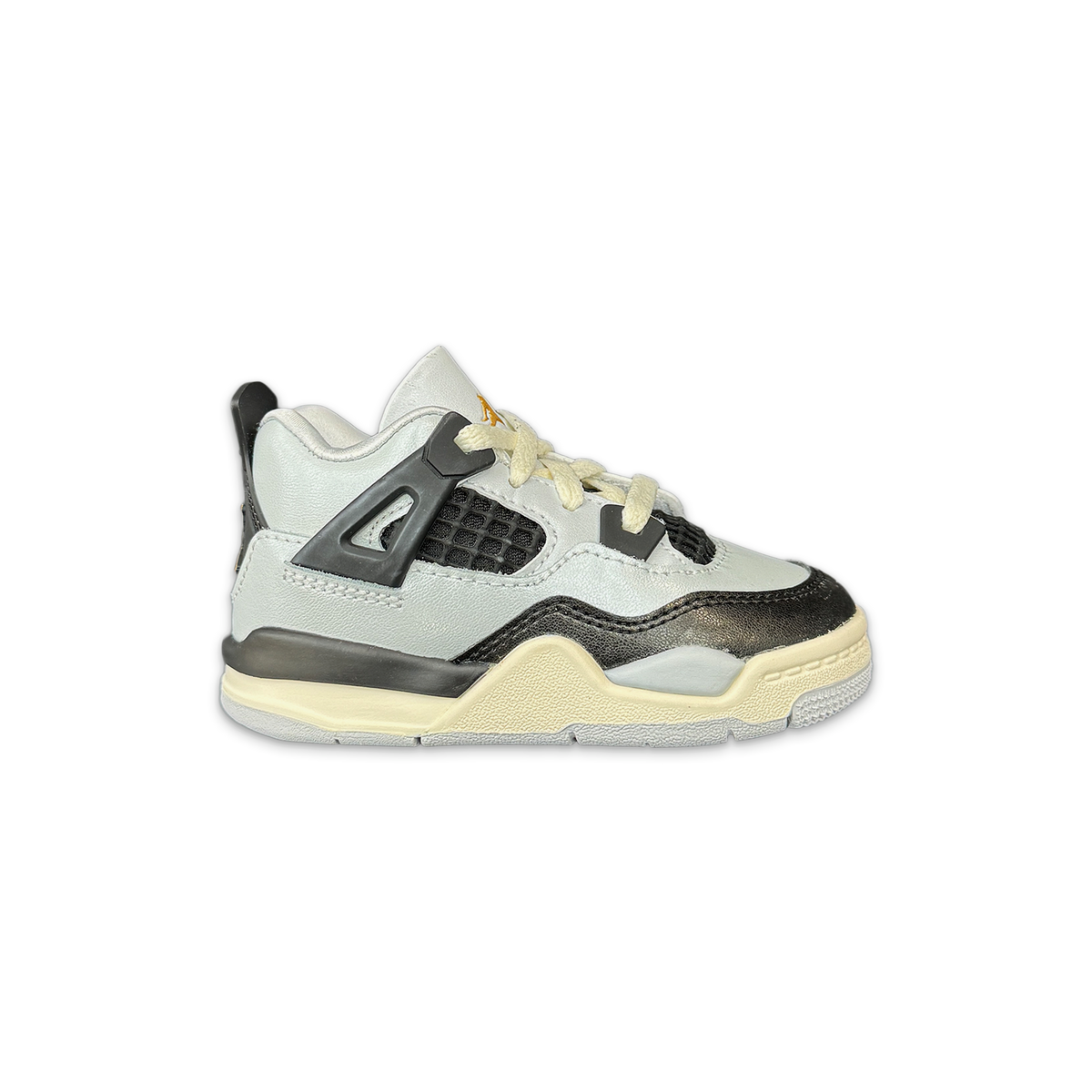 Air Jordan 4 Retro TD kids sneaker, light gray with black and gold accents