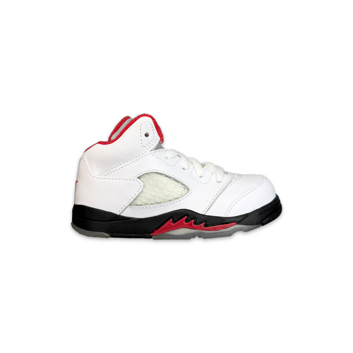 Air Jordan 5 Retro toddler lace-up sneaker, white upper with red accents and black sole