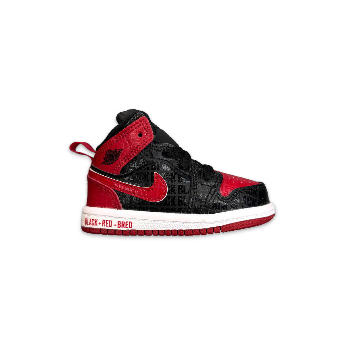 Kids' Air Jordan 1 Mid TD sneaker, black and red with red Nike swoosh