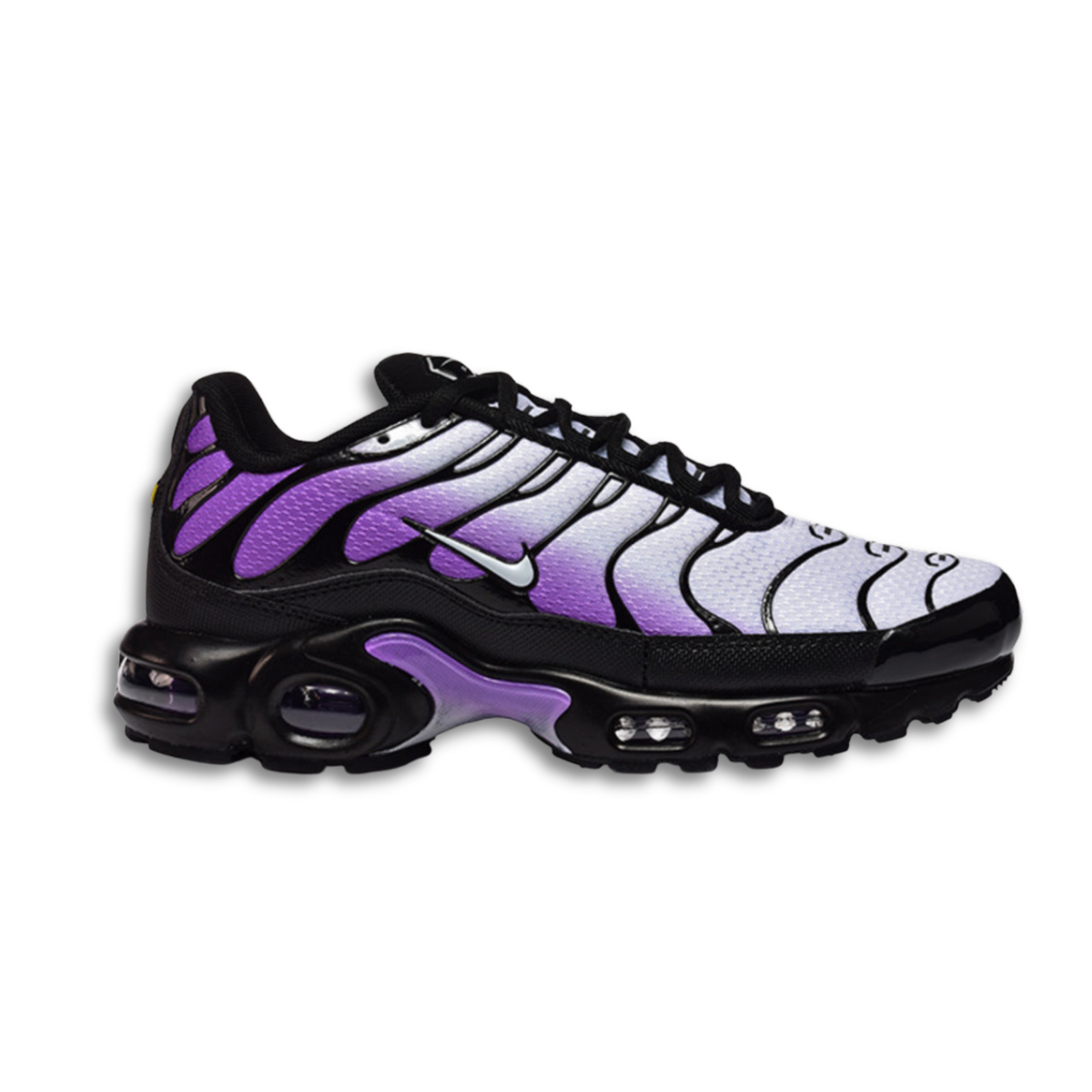 Nike Air Max Plus sneakers, black laces, purple and silver wavy panels, visible Air units