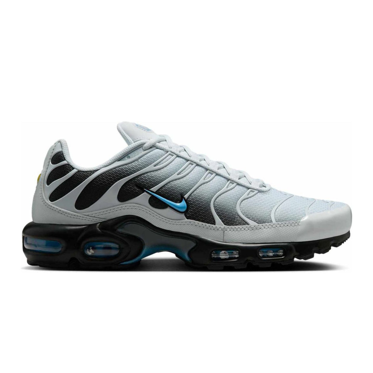 Nike Air Max Plus running shoe, grey mesh with black Swoosh and blue accents