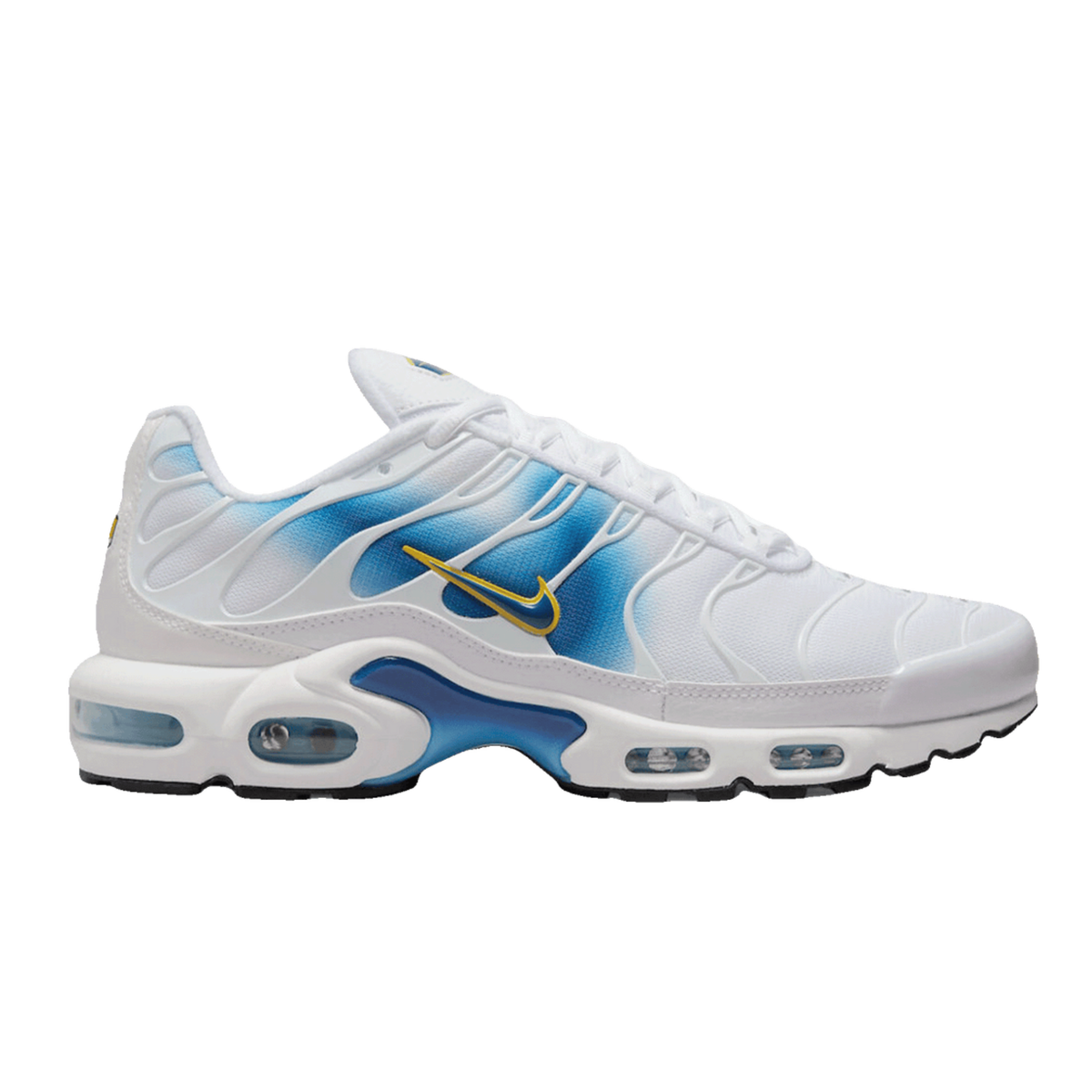 NIKE Air Max Plus men's white running shoe with blue accents and gold Swoosh