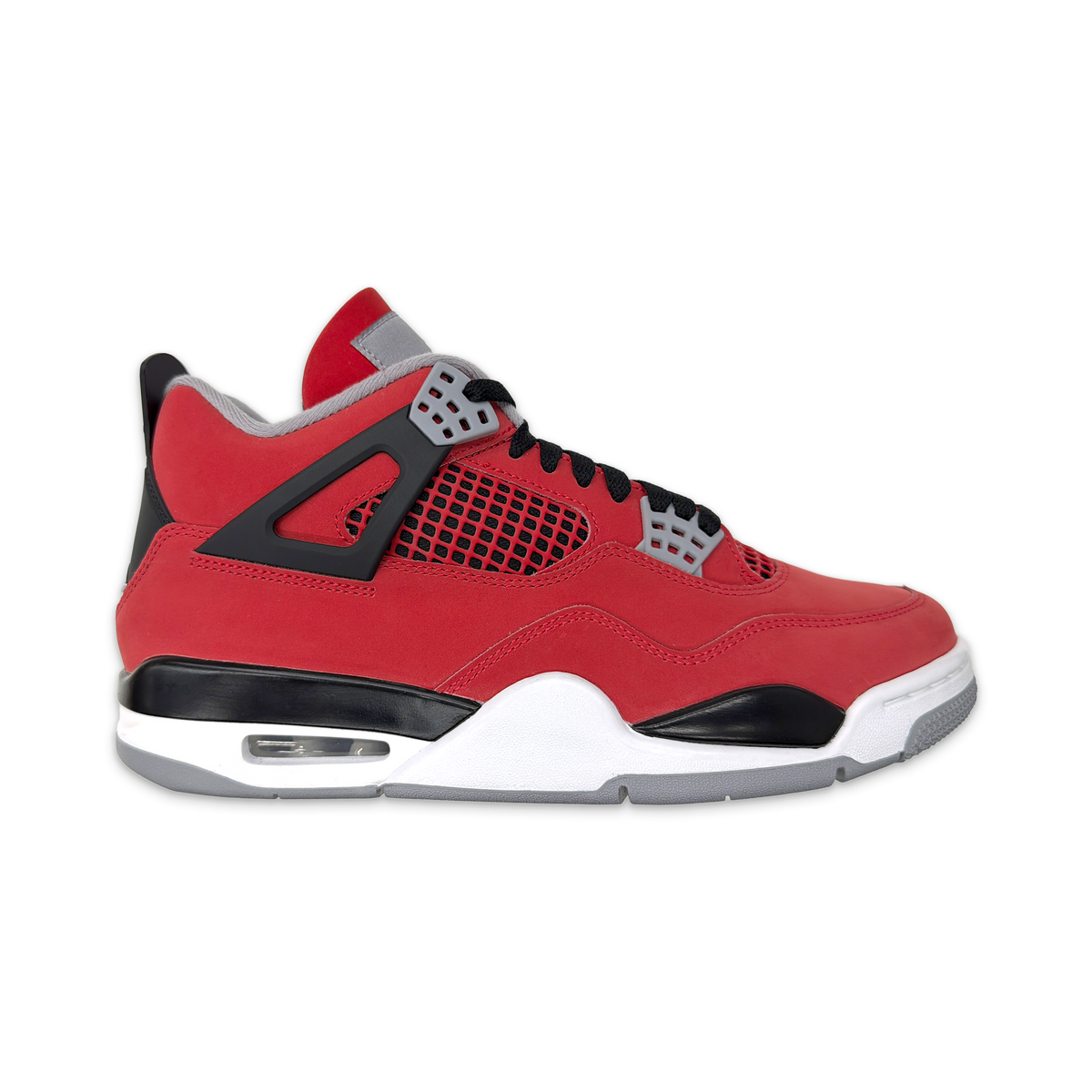 Air Jordan 4 Retro Toro sneaker, red and black leather with white accents, side view