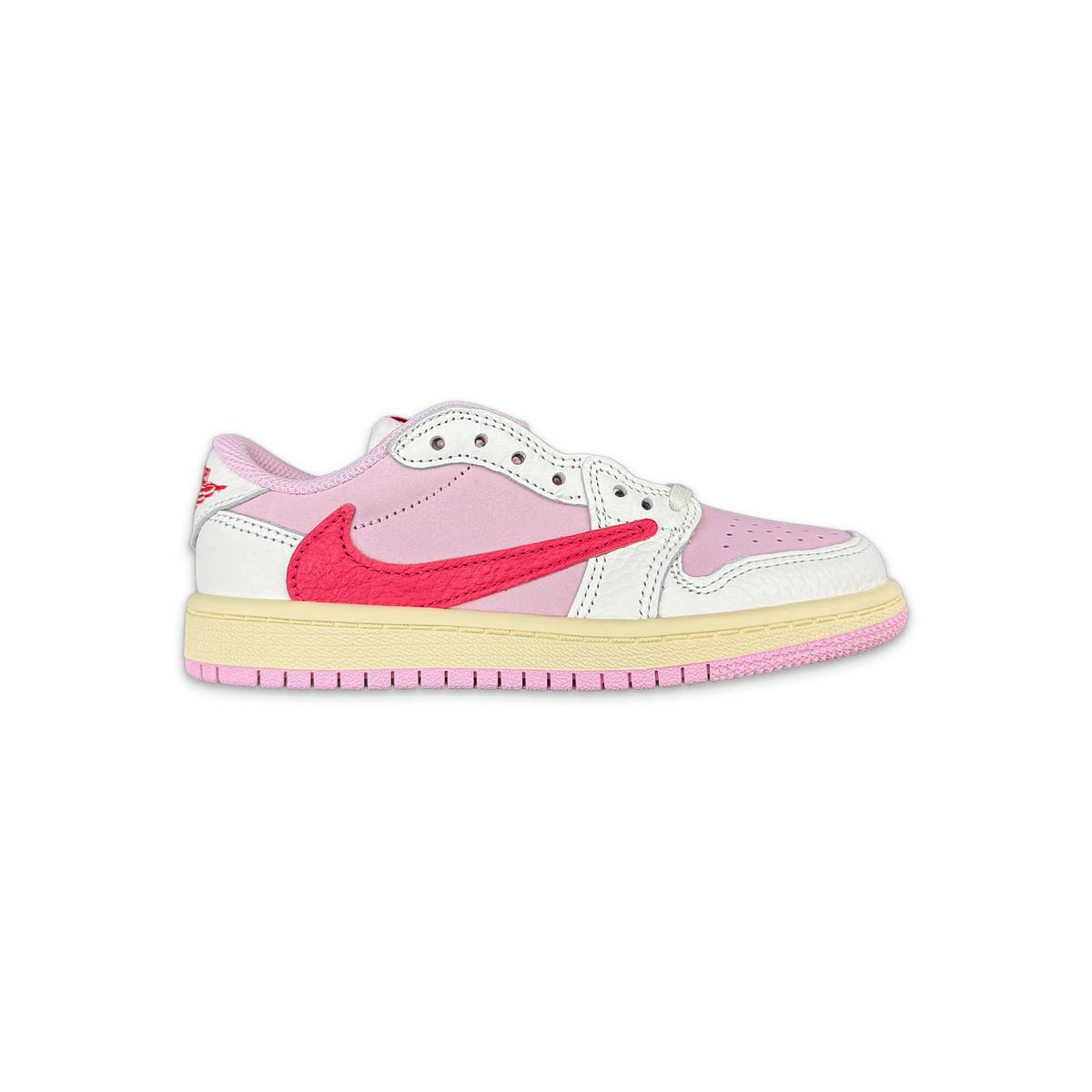 Low-top kids sneakers with white, pink and red panels, lace-up, gum sole
