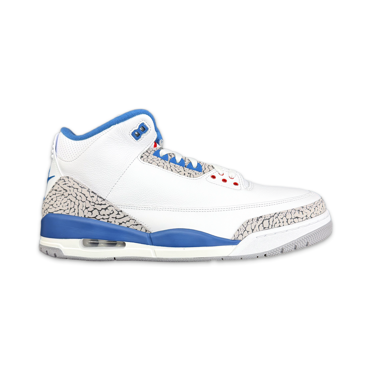 White leather high-top sneakers with blue accents, elephant print panel, lace eyelets