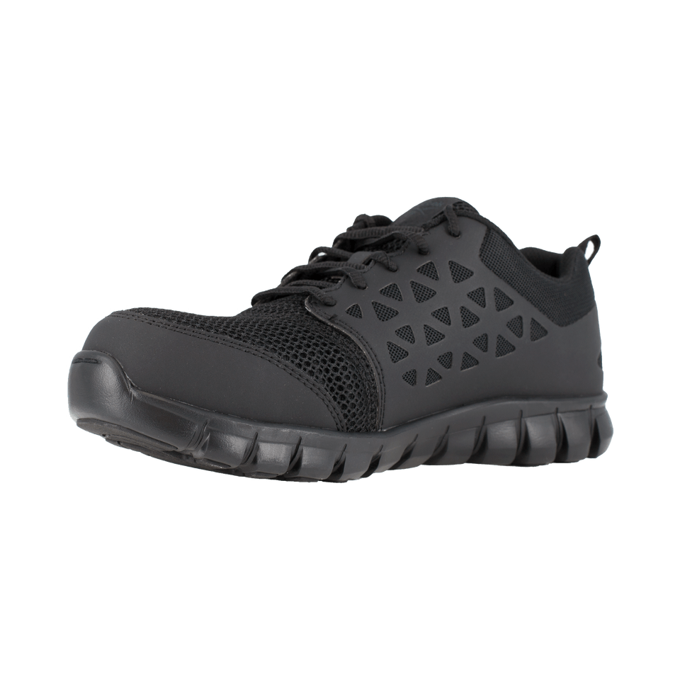 Black low-top lace-up sneaker with perforated side panels and cushioned sole