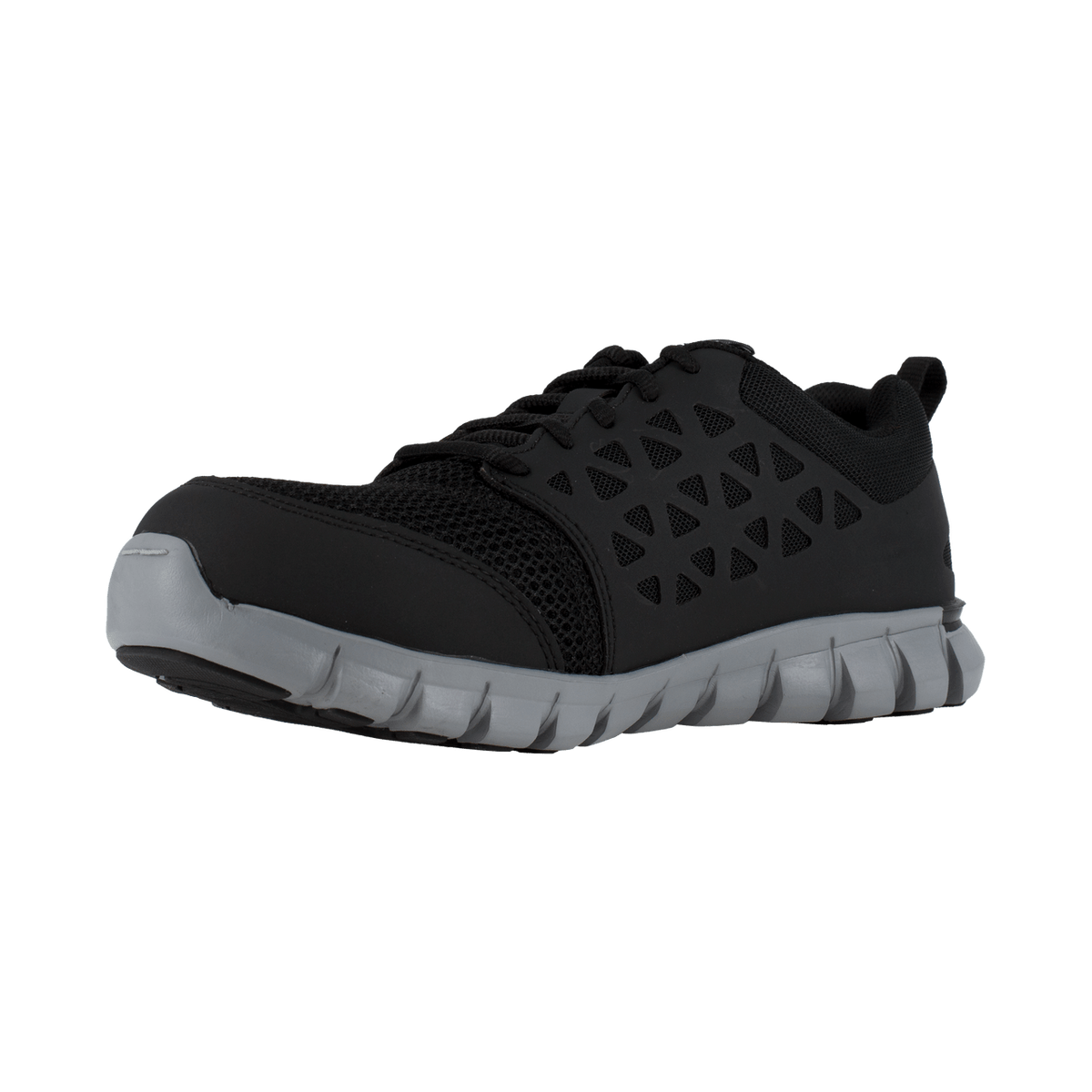 Black lace-up running shoe front view with perforated cutout panel and gray sole