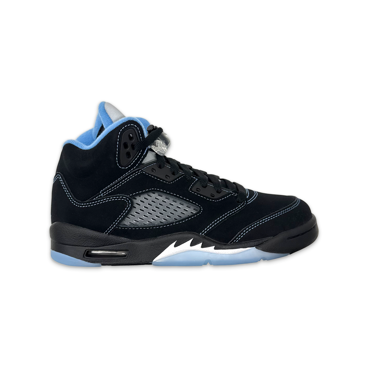 Kids Air Jordan 5 Retro sneakers in black with light blue accents, lace-up, mesh side panels