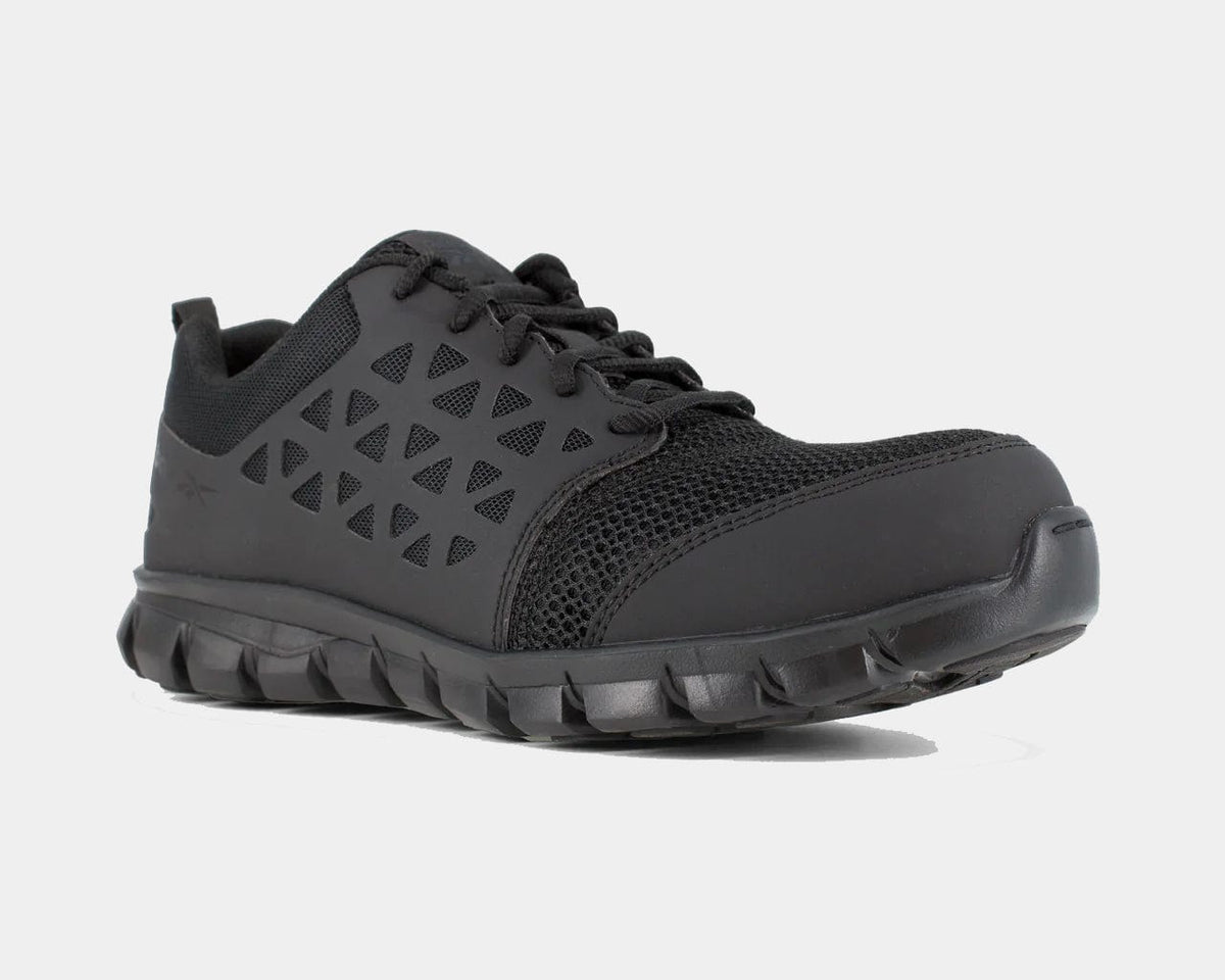 Black lace-up running shoe with perforated upper and rugged tread outsole