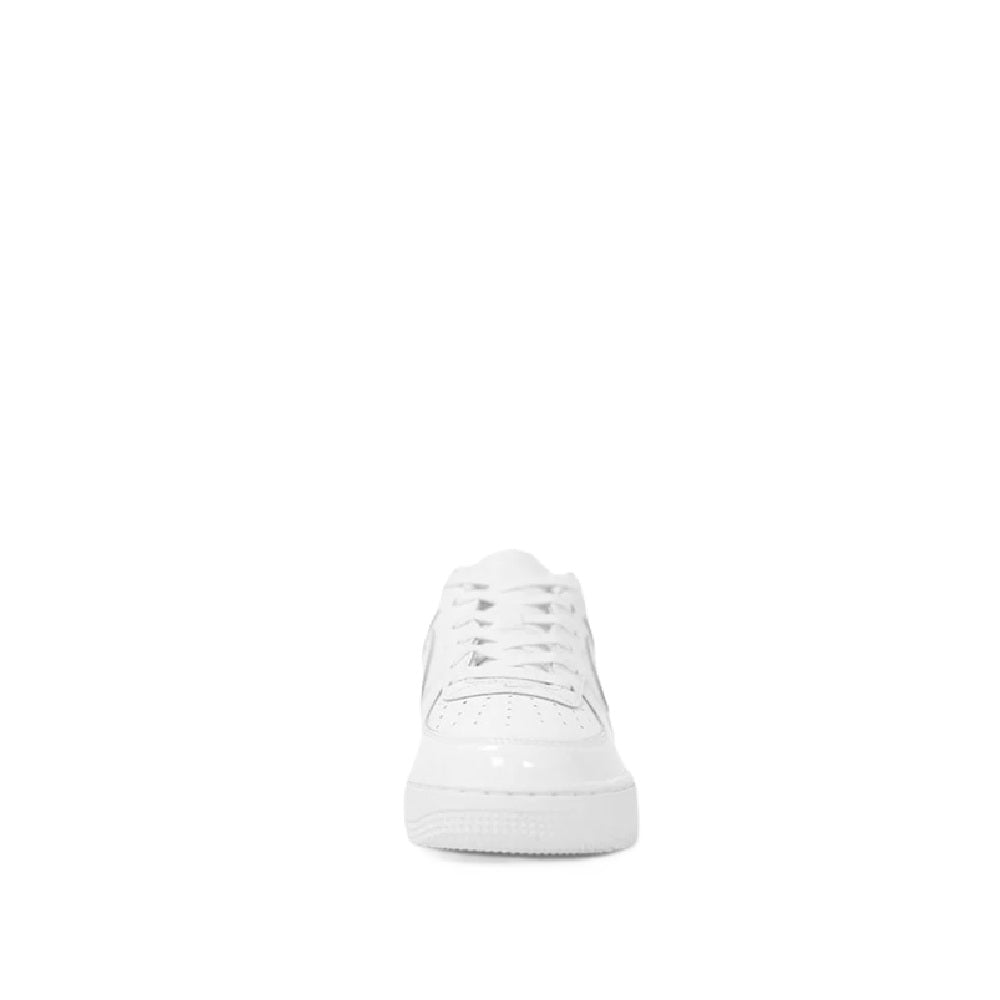 White kids low-top Nike sneaker, back view with heel tab