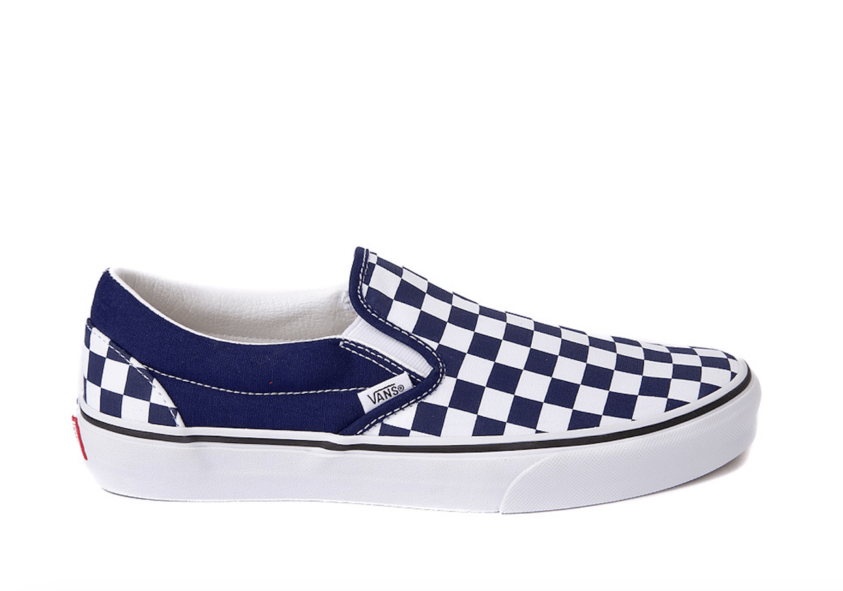Blue and white checkerboard slip-on sneakers with white rubber sole