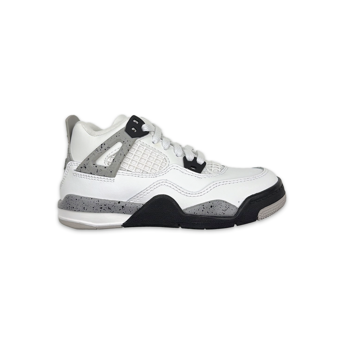 Kids Air Jordan 4 Retro White Cement sneakers, white leather with black and gray accents.