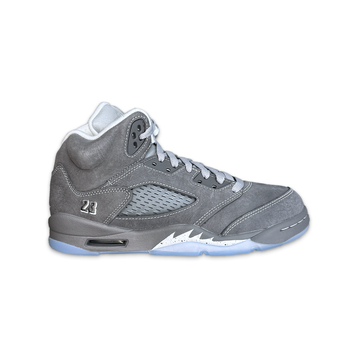Kids' gray suede Air Jordan 5 retro sneakers with lace-up, '23' side, blue sole